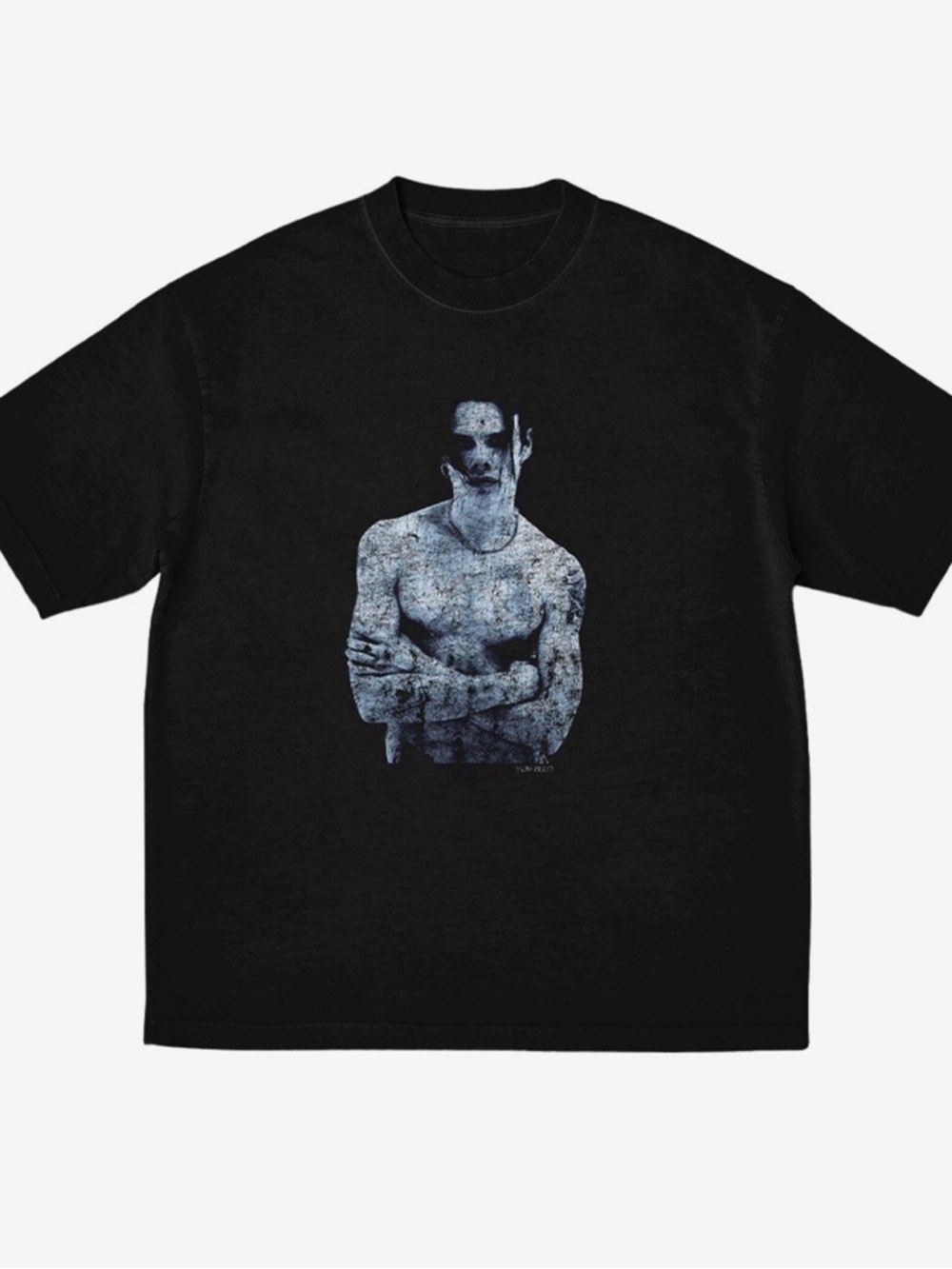 Hot Topic Yungblud Black Tee with Distressed Blue Portrait Graphic